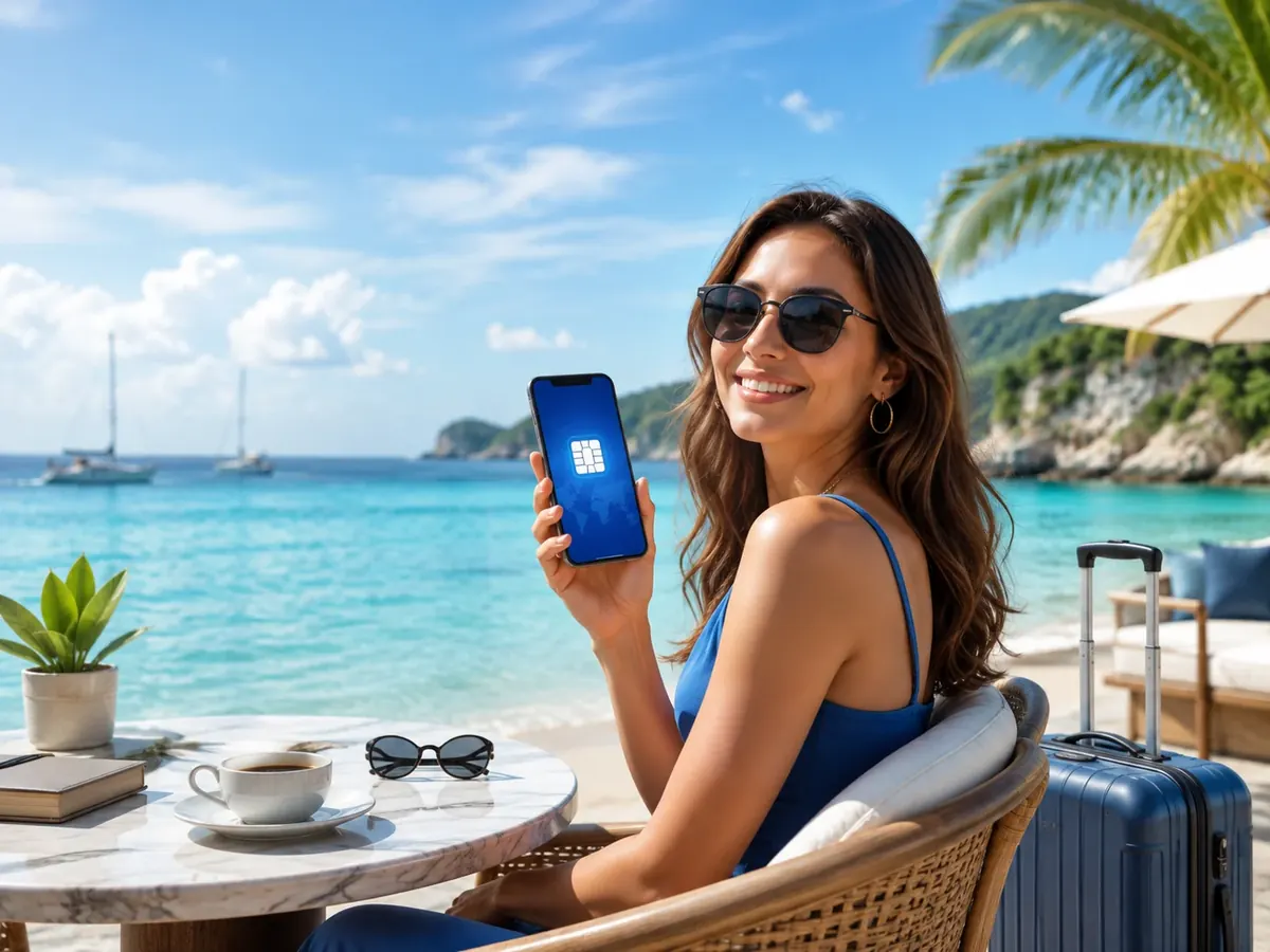 Traveller using an eSIM on a beach trip